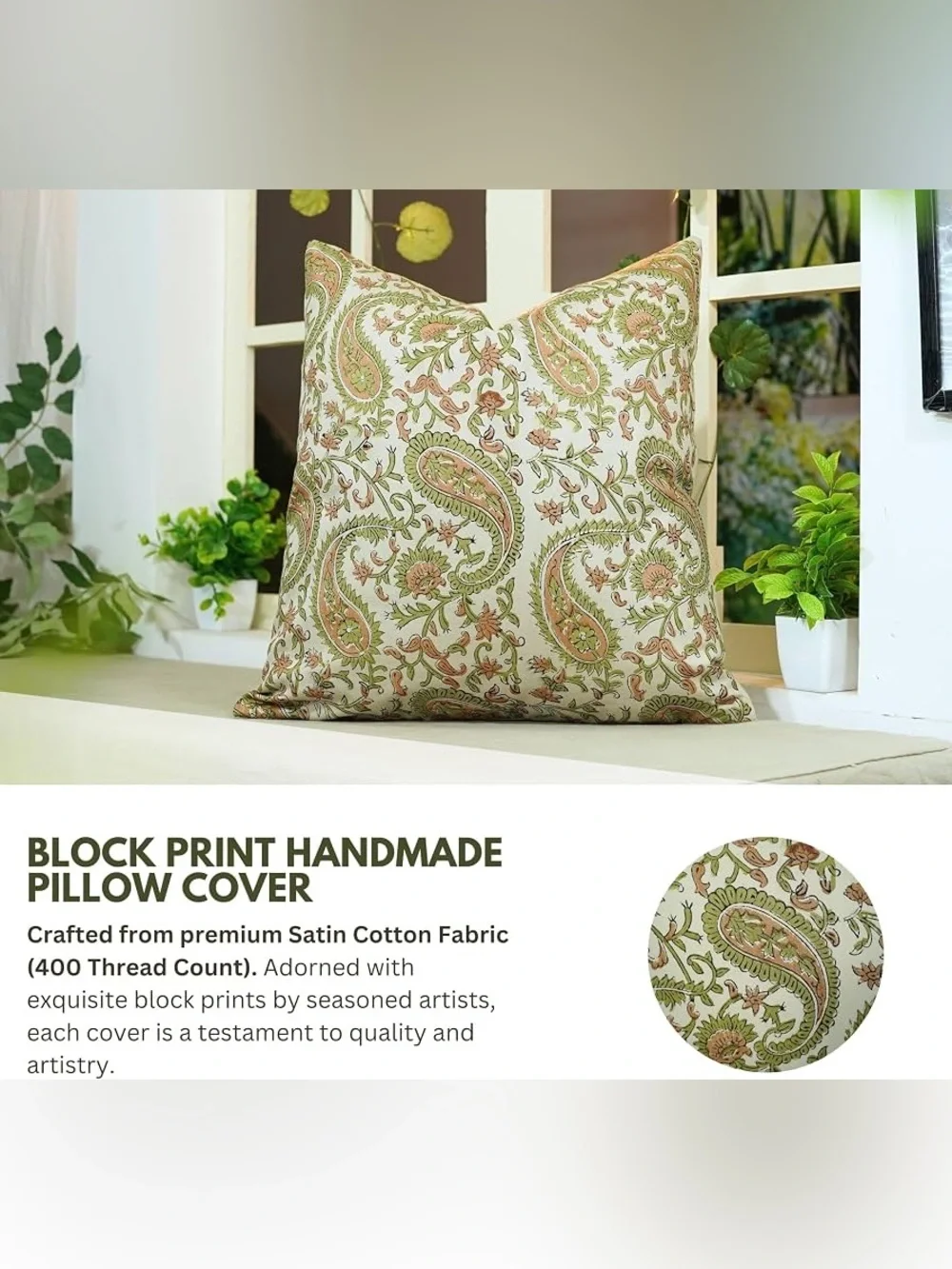 🆕Bohemian Soft Linen Hand Block Print Floral Vintage Kiara Pillow Cover 22”x22” - Picture 5 of 11